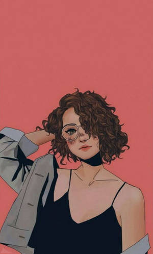一位時尚女性，擁有捲曲頭髮和眼鏡，穿著西裝外套和黑色上衣，站在粉紅色背景前。 — 動畫女孩 壁紙