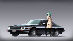 穿著風衣和太陽眼鏡的動漫女孩在黑色經典汽車旁擺姿勢。 — 動漫汽車 壁紙