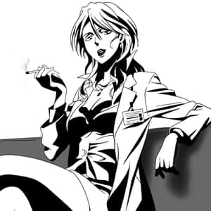 穿著實驗室外套的動漫女性抽煙，表情自信。 — 鹿丸 壁紙