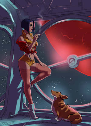 動漫女性在太空船內與柯基犬一起吸煙，靠近一顆紅色行星。 — Galaxy Z TriFold 壁紙