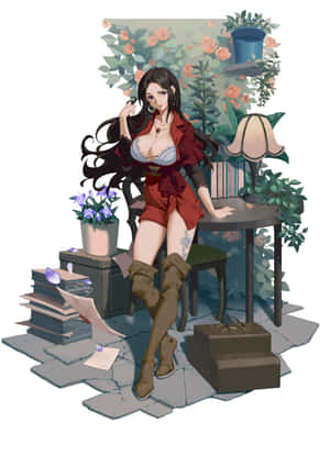 身穿紅色服裝的動漫女性坐在書桌旁，周圍有鮮花和書籍。 — iPhone Duo 壁紙