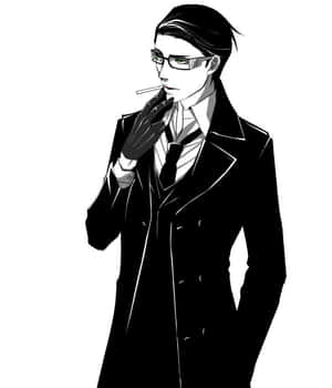 動漫男子身穿黑色外套和眼鏡，戴著手套的手拿著香煙。 — Motorola Razr 70 Ultra 壁紙