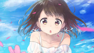 棕色頭髮、紫色眼睛的動漫女孩看起來很驚訝，粉紅色花瓣在藍天中飄落。 — 三島一八 壁紙