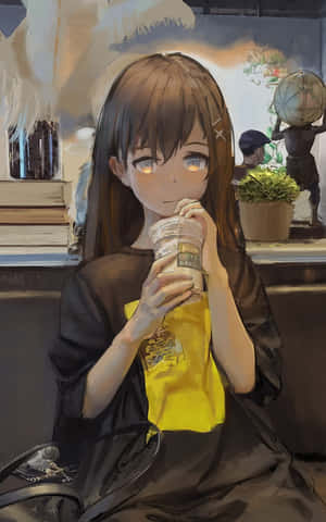 動漫女孩在舒適的咖啡館裡喝咖啡，背景有書本和地球儀。 — 珍珠奶茶 壁紙