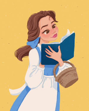 年輕女子穿著藍白連衣裙，手持籃子閱讀一本書。 — 貝兒 壁紙