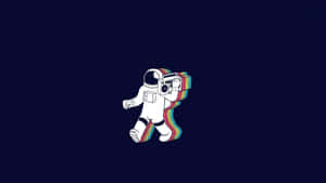 一位白色太空人，四肢為彩虹色，在深色背景下行走，手持音響。 — 復古 壁紙
