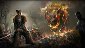 武士戰士在毀滅的戰場上面對火焰惡魔。