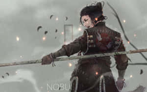 武士戰士在雨中櫻花場景中持刀 — 電玩遊戲 GIF 壁紙
