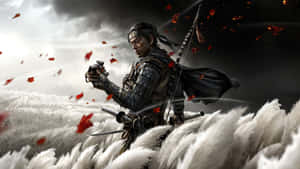 武士戰士身穿盔甲，在雪山手持槍支，紅葉飛舞。 — 遊戲玩家標誌 壁紙
