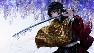 動漫角色在紫色紫藤下揮劍，水花四濺。 — 鬼滅之刃 炭治郎 壁紙