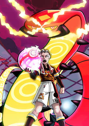 動漫足球員發射發光能量球，身後有一條火龍。 — Pokémon 手機 壁紙