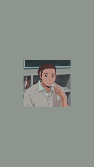 穿淺色襯衫的動畫男子在室內書架旁觸摸下巴 — 手球 壁紙