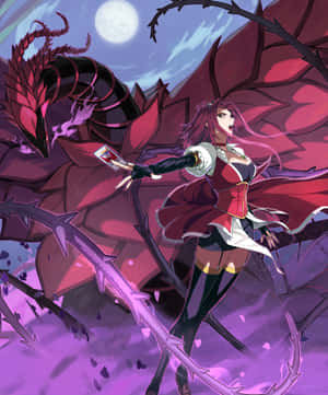 紅髮動漫女孩在滿月下用發光的劍與龍戰鬥。 — Pixel Fold 壁紙