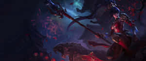 藍髮動漫戰士在夜間櫻花下騎龍。 — 電玩遊戲 GIF 壁紙