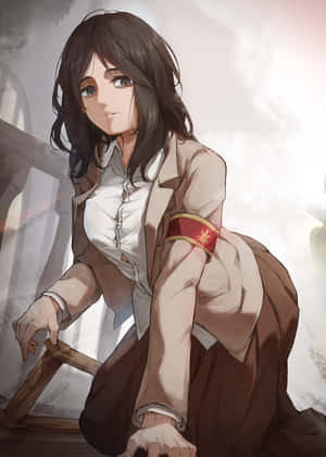 深色頭髮、戴著紅色臂章的動漫女孩跪在煙霧瀰漫房間的木椅旁。 — Galaxy Z TriFold 壁紙