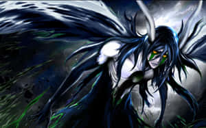 擁有發光綠色眼睛和白色翅膀的動漫天使，背景是風暴般的宇宙天空。 — 戰士 壁紙