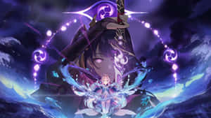 動漫戰士手持發光劍和魔法能量，在暴風雨夜空中位於較小角色之上 — 足球員 壁紙