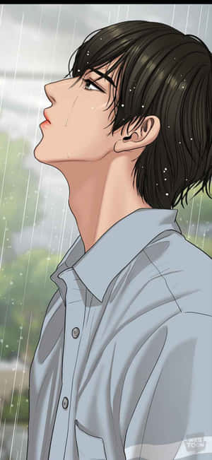 動漫男孩在雨中抬頭，臉上帶著水滴。 — 1170x2532 壁紙