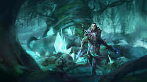 一位身穿盔甲的奇幻戰士站在發光的水晶洞穴中。 — 電玩遊戲 GIF 壁紙