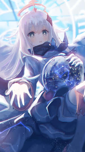 白髮動漫女孩在藍色能量場中手持發光的星形球體。 — 天使 GIF 壁紙