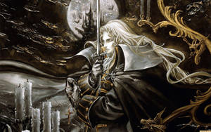一位蒼白長白髮的戰士在哥德式城堡附近的滿月下持劍。 — 惡魔城 壁紙