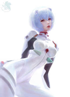 藍色頭髮的動漫女孩，穿著白色未來風格服裝，白色背景 — 狂歡三寶 壁紙