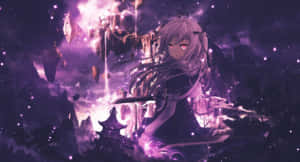 動漫女孩在星空下的魔法漂浮景觀中手持發光劍。 — 紫色動漫美學 壁紙