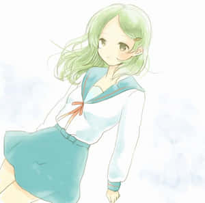 動漫女孩，綠色頭髮，穿著水手服，在雲天下輕輕微笑。 — 可愛動漫頭貼 GIF 壁紙