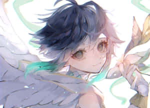 深色頭髮和天使翅膀的動漫女孩微笑著拿著一片葉子。 — 原神 壁紙