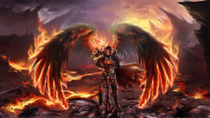 一位火焰翅膀的戰士在熔岩和烏雲的火山景觀中站立。 — 魔法動圖 壁紙