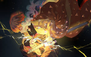 橙色頭髮的動漫戰士在太空中揮舞閃電 — 鬼滅之刃 壁紙
