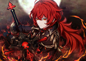 紅髮動漫角色手持發光劍，被火焰和宇宙粒子包圍。 — 電玩遊戲 GIF 壁紙