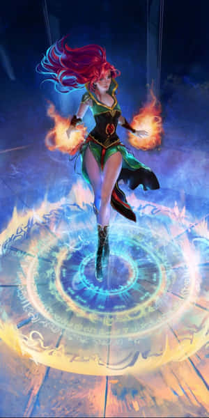 一位紅髮動漫女法師懸浮於發光的藍色魔法陣之上，手中操控火焰。 — Pixel 3 壁紙