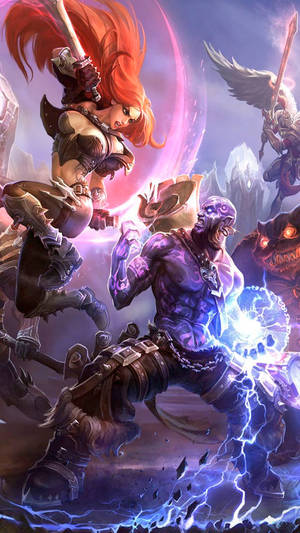 紅髮奇幻戰士與揮舞閃電的紫色惡魔戰鬥。 — 電玩遊戲 GIF 壁紙