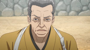 一位表情嚴肅的老年動漫男子，穿著黃色長袍。 — 混沌武士 壁紙