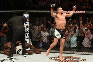 MMA拳手在八角籠中擊敗對手後高舉雙臂慶祝勝利。 — 終極格鬥冠軍賽 壁紙