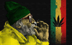 戴綠色無邊帽和黃色夾克的老人，在拉斯塔法里旗幟旁邊抽大麻煙。 — 花園 壁紙