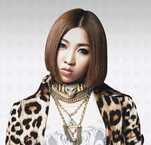 穿著豹紋外套和金色珠寶的女士在攝影棚中擺姿勢拍照。 — 2NE1 壁紙