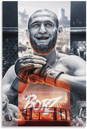 籠中的MMA拳手Borz，火熱橙色背景和粗體文字。 — 奇卡諾 壁紙