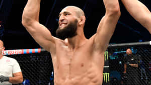 MMA拳手在八角籠內高舉雙臂慶祝勝利。 — 終極格鬥冠軍賽 壁紙