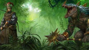 一位奇幻戰士在茂密叢林中對抗爬行類怪物。 — 電玩遊戲 GIF 壁紙