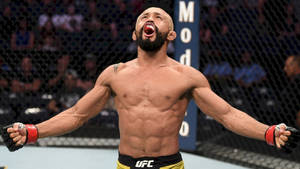 UFC拳手在八角籠內張開雙臂慶祝勝利。 — 運動 壁紙