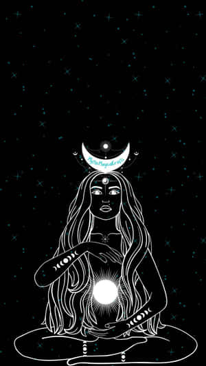 一位女性在新月和星星下帶著發光球體冥想。 — 月光 壁紙