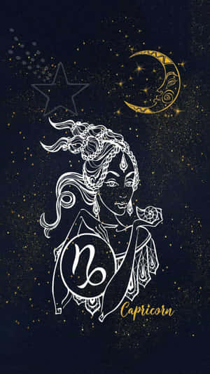 摩羯座星座符號與女神插圖，在繁星點點的夜空下，伴隨著新月。 — 摩羯座 壁紙