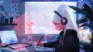 戴耳機的動漫女孩在夜晚於雪窗旁畫畫，旁邊有一隻黑貓。 — 貓咪藝術 壁紙