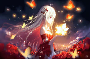 白發動漫女孩在夜晚被蝴蝶環繞，手持發光的花朵。 — 創意 壁紙