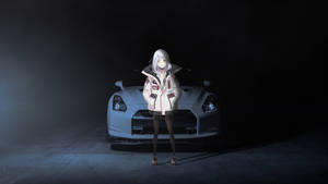 動漫女孩穿著賽車外套，站在黑暗煙霧瀰漫的車庫中，面前是一輛閃閃發光的白色跑車。 — 動漫汽車 壁紙