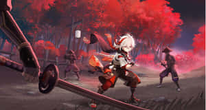身穿紅白鎧甲的動漫戰士在夜晚的紅楓林中與武士戰鬥。 — 原神 壁紙
