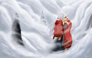 白髮紅袍的動漫角色在雪地山景中持劍。 — 犬夜叉 壁紙