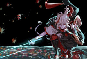 白髮紅甲動漫戰士揮劍劈水，楓葉飄落。 — 原神 壁紙